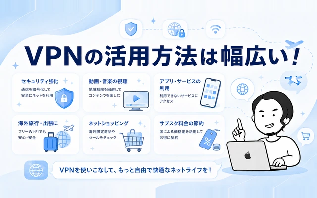 U-NEXT視聴以外にもVPNの活用方法は幅広く便利であることを示す画像