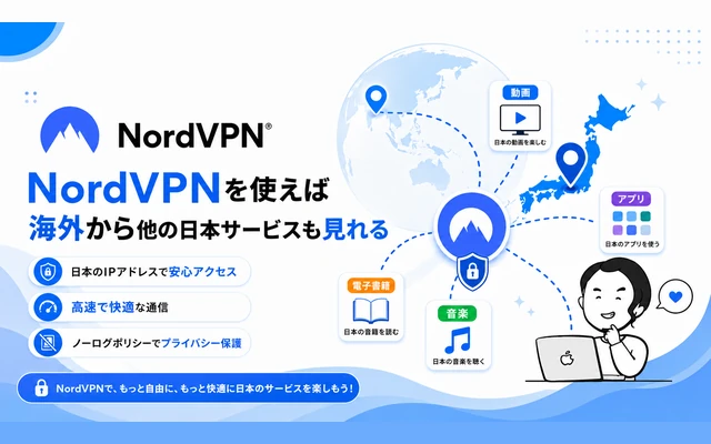 NordVPNを使えば海外からDMM TV以外の日本サービスも視聴できることを示す解説図