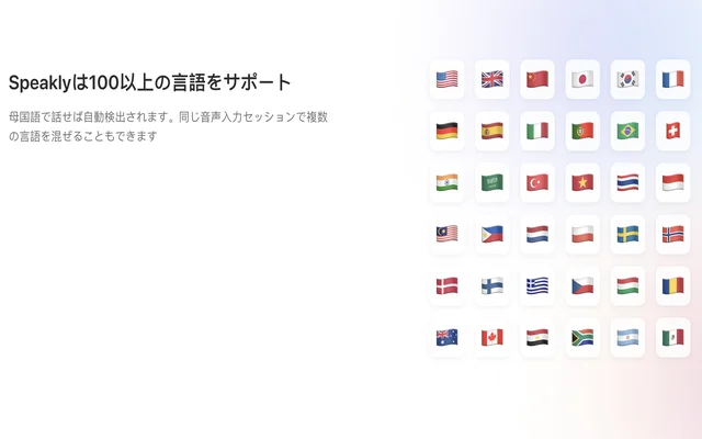 Speakly AIが対応する100以上の言語サポート一覧画面