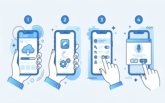 Speaklyアプリのインストールから初期セットアップまでの手順を示した画像