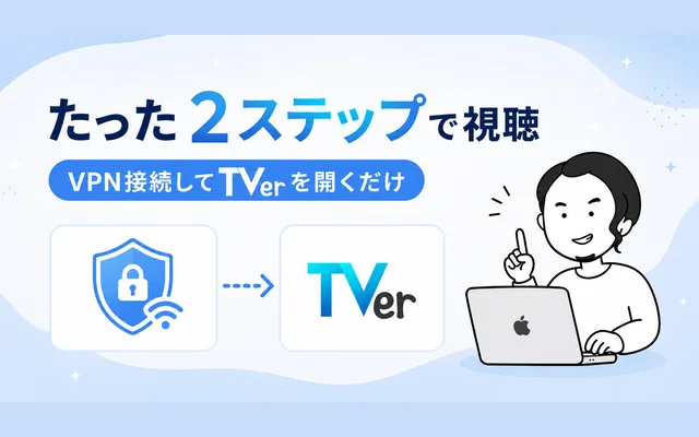 VPNを使って海外からTVerを2ステップで視聴する手順のイメージ画像